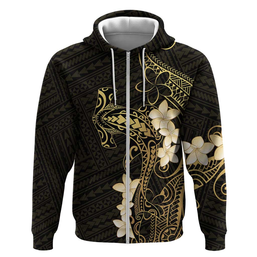 Black and Gold Hawaii Zip Hoodie Hammerhead Shark Tattoo Curve Polynesian - Polynesian Pride
