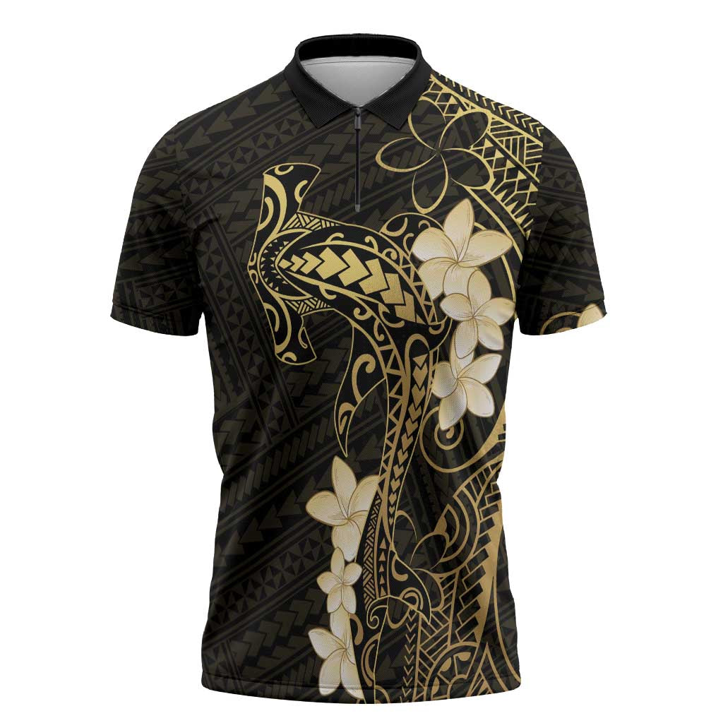 Black and Gold Hawaii Zipper Polo Shirt Hammerhead Shark Tattoo Curve Polynesian - Polynesian Pride