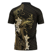 Black and Gold Hawaii Zipper Polo Shirt Hammerhead Shark Tattoo Curve Polynesian - Polynesian Pride
