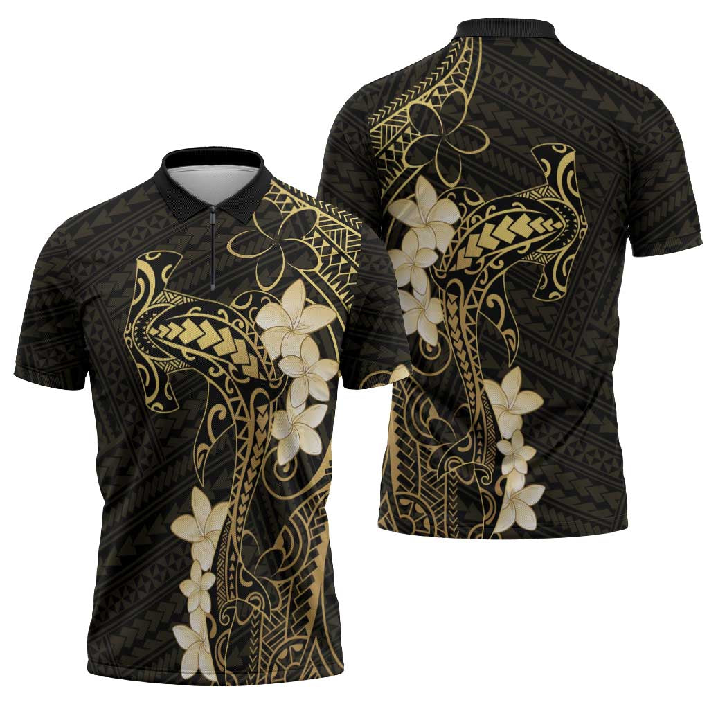 Black and Gold Hawaii Zipper Polo Shirt Hammerhead Shark Tattoo Curve Polynesian - Polynesian Pride