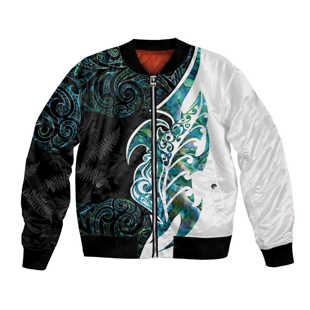 Proud Aotearoa Bomber Jacket Maori Silver Fern Mix Paua Shell Pattern LT14 Unisex Black - Polynesian Pride