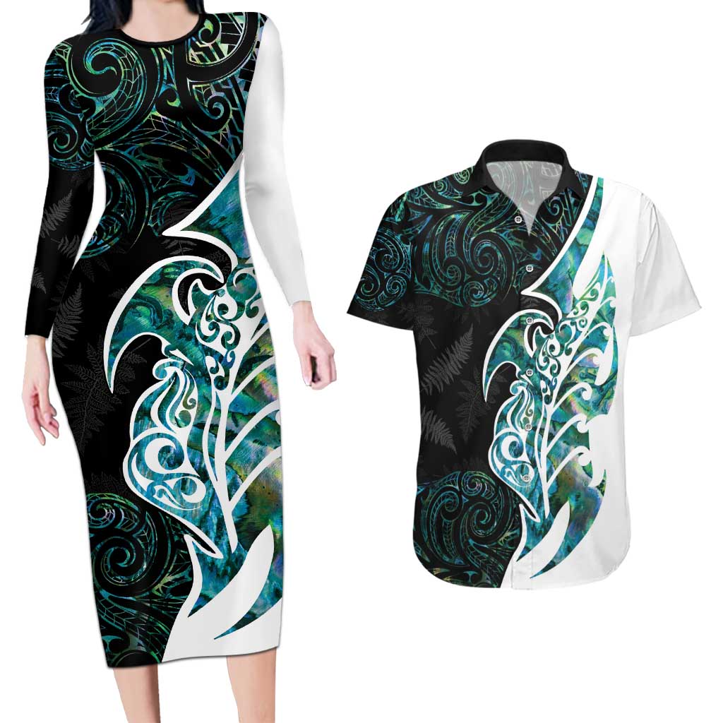 Proud Aotearoa Couples Matching Long Sleeve Bodycon Dress and Hawaiian Shirt Maori Silver Fern Mix Paua Shell Pattern