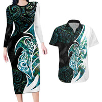 Proud Aotearoa Couples Matching Long Sleeve Bodycon Dress and Hawaiian Shirt Maori Silver Fern Mix Paua Shell Pattern