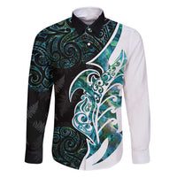 Proud Aotearoa Family Matching Tank Maxi Dress and Hawaiian Shirt Maori Silver Fern Mix Paua Shell Pattern LT14 Dad's Shirt - Long Sleeve Black - Polynesian Pride