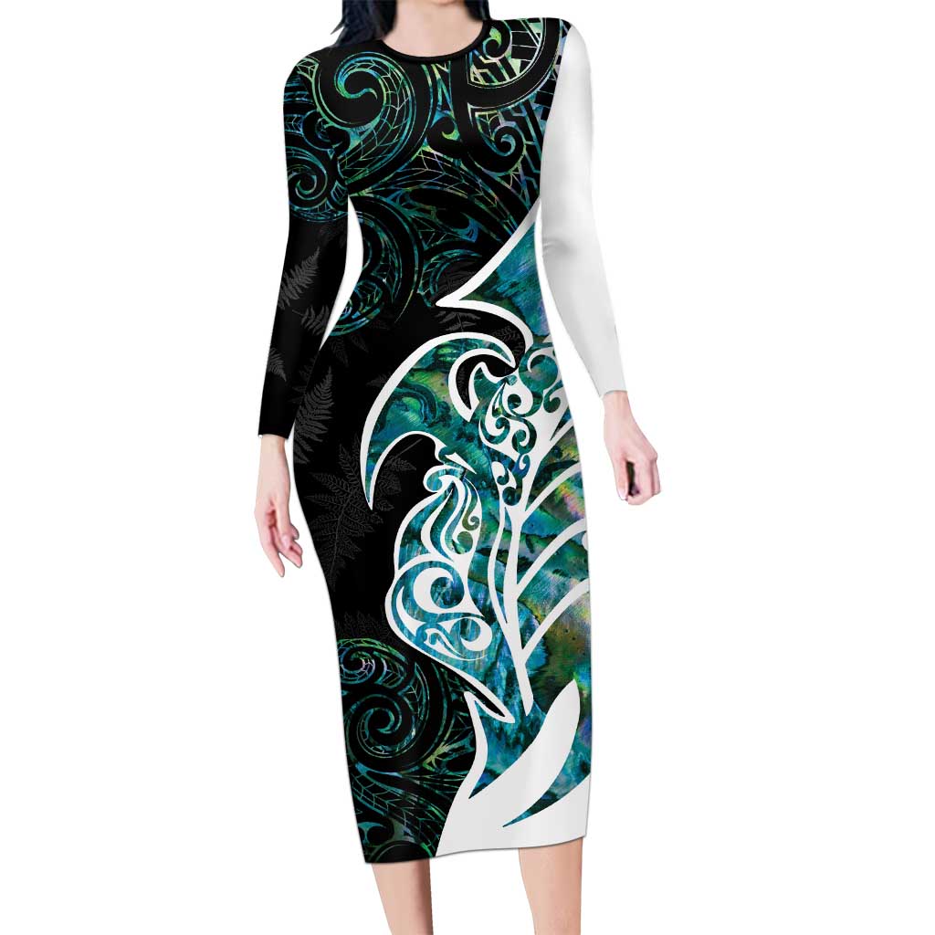 Proud Aotearoa Long Sleeve Bodycon Dress Maori Silver Fern Mix Paua Shell Pattern LT14 Long Dress Black - Polynesian Pride