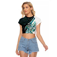 Proud Aotearoa Raglan Cropped T Shirt Maori Silver Fern Mix Paua Shell Pattern