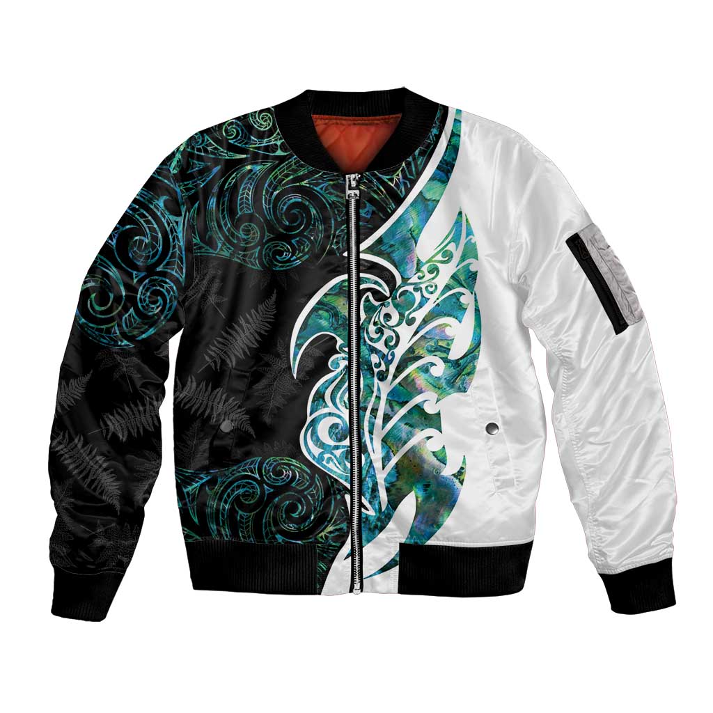 Proud Aotearoa Sleeve Zip Bomber Jacket Maori Silver Fern Mix Paua Shell Pattern LT14 Unisex Black - Polynesian Pride