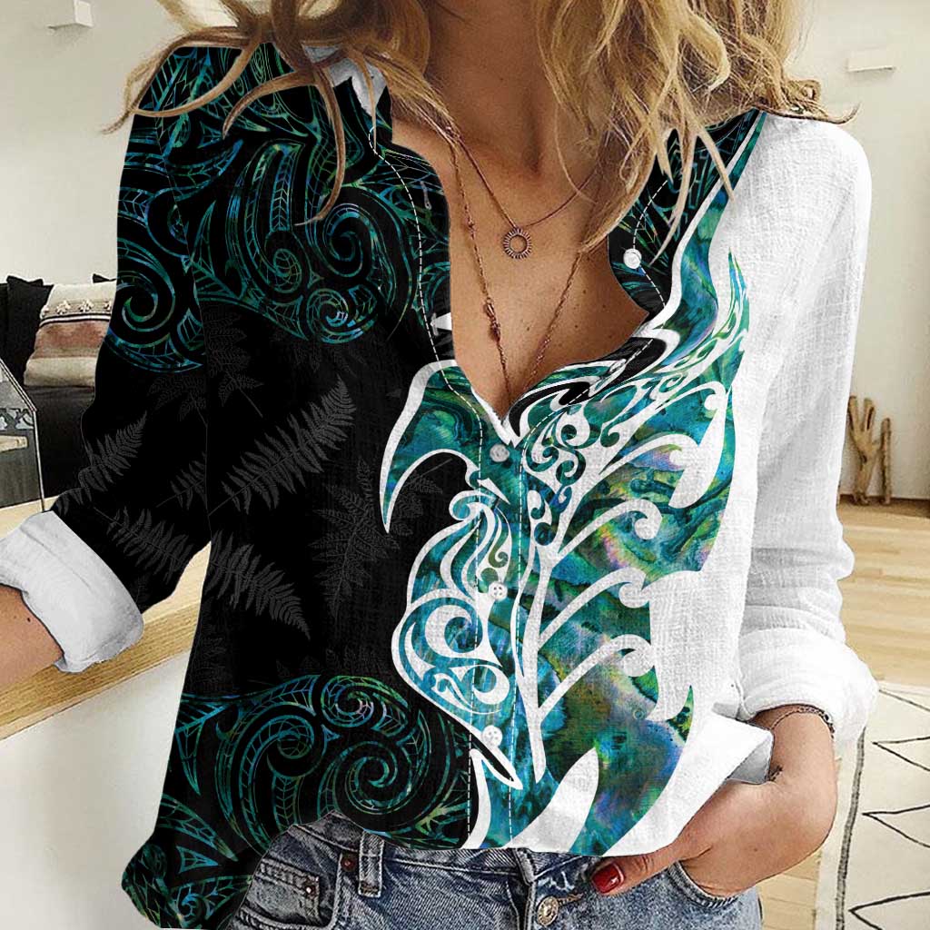 Proud Aotearoa Women Casual Shirt Maori Silver Fern Mix Paua Shell Pattern