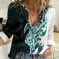 Proud Aotearoa Women Casual Shirt Maori Silver Fern Mix Paua Shell Pattern