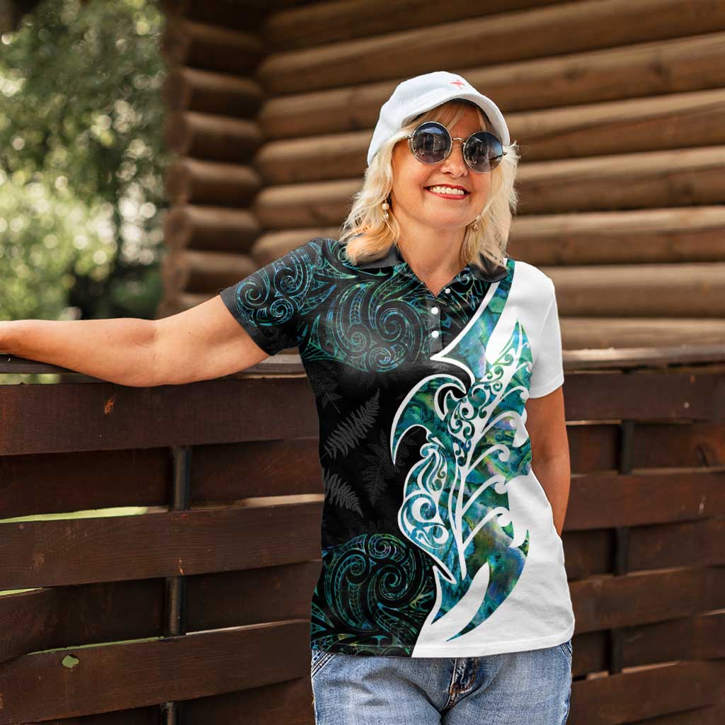 Proud Aotearoa Women Polo Shirt Maori Silver Fern Mix Paua Shell Pattern
