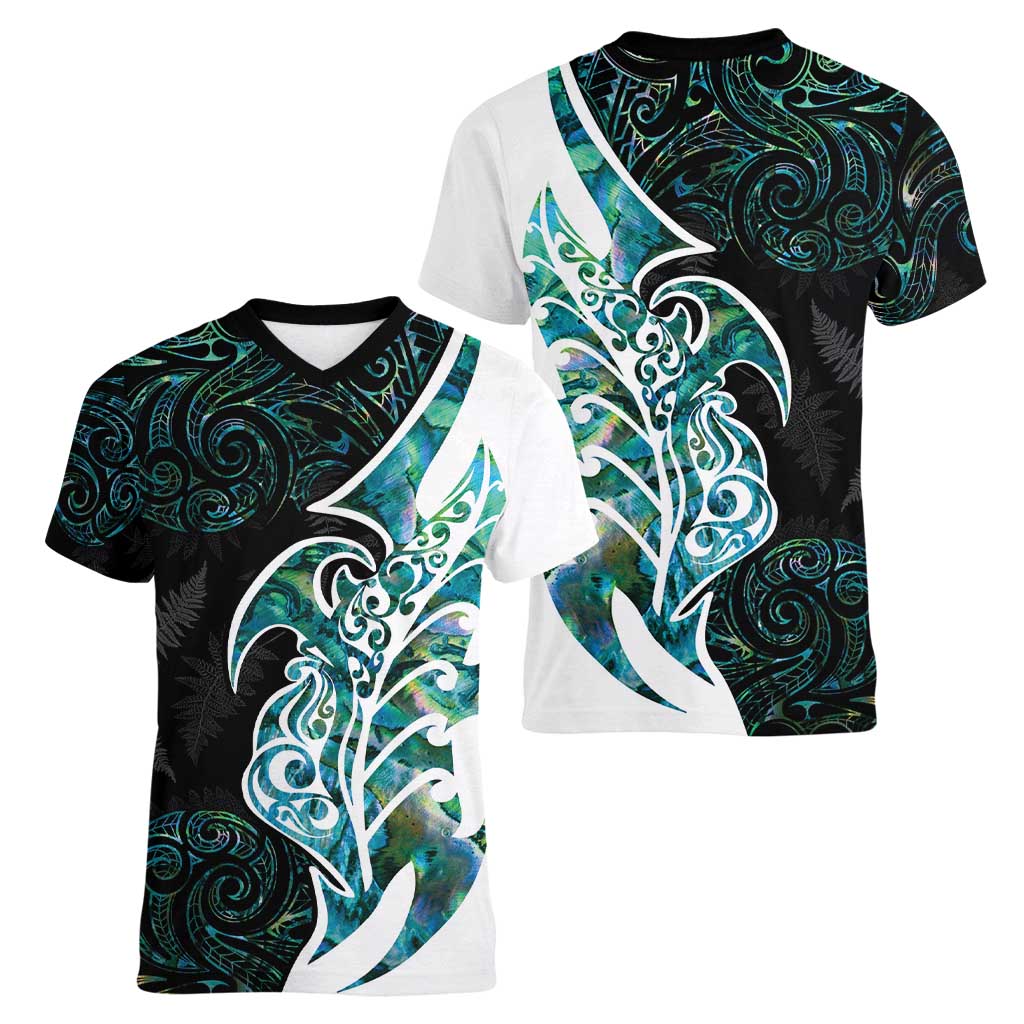 Proud Aotearoa Women V-Neck T-Shirt Maori Silver Fern Mix Paua Shell Pattern