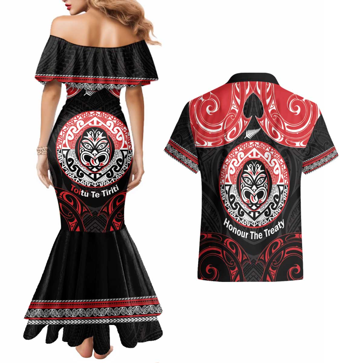 Aotearoa Toitu Te Tiriti Couples Matching Mermaid Dress and Hawaiian Shirt Haka Tiki Honour The Treaty