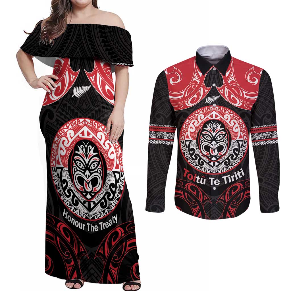 Aotearoa Toitu Te Tiriti Couples Matching Off Shoulder Maxi Dress and Long Sleeve Button Shirt Haka Tiki Honour The Treaty