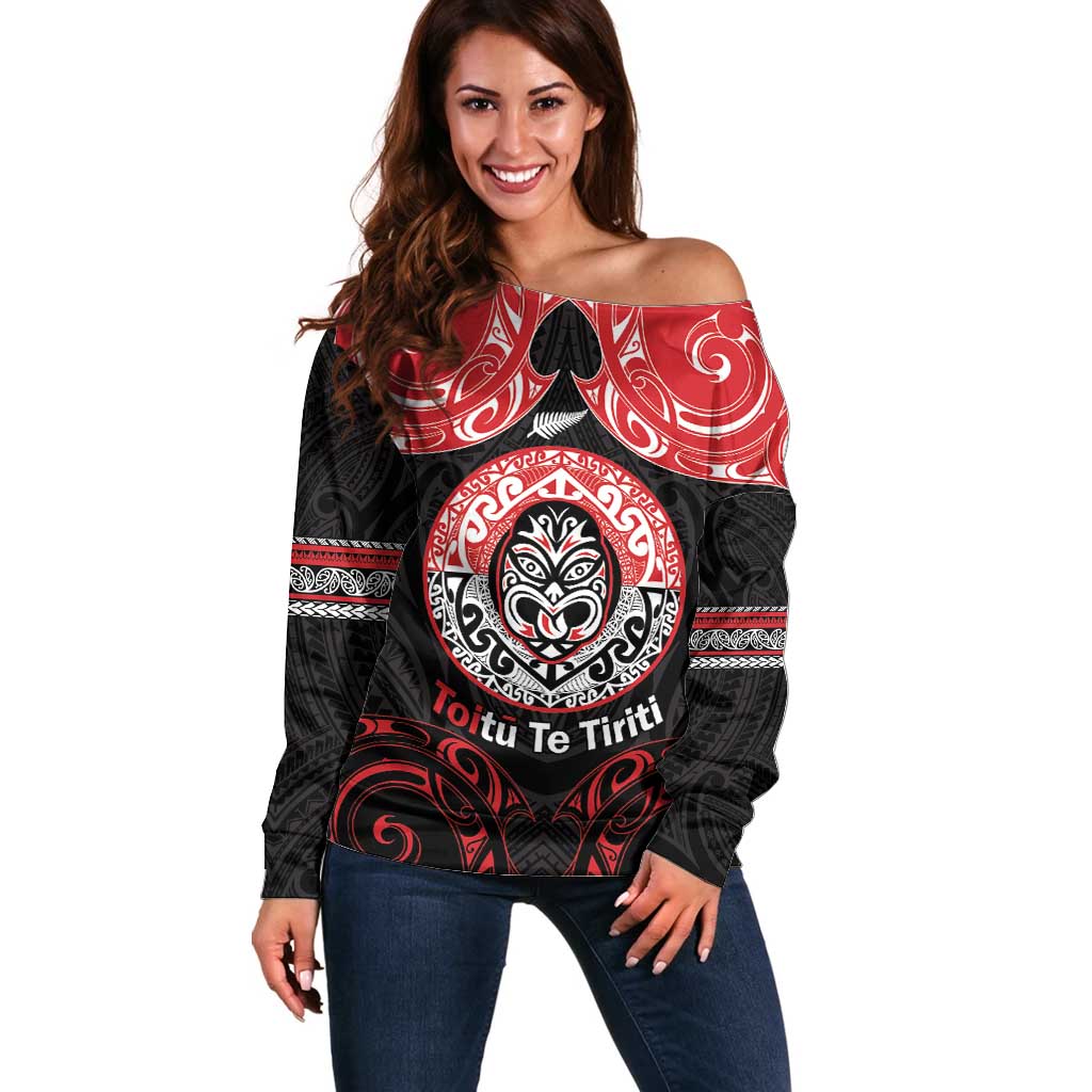 Aotearoa Toitu Te Tiriti Off Shoulder Sweater Haka Tiki Honour The Treaty LT14 Women Black - Polynesian Pride