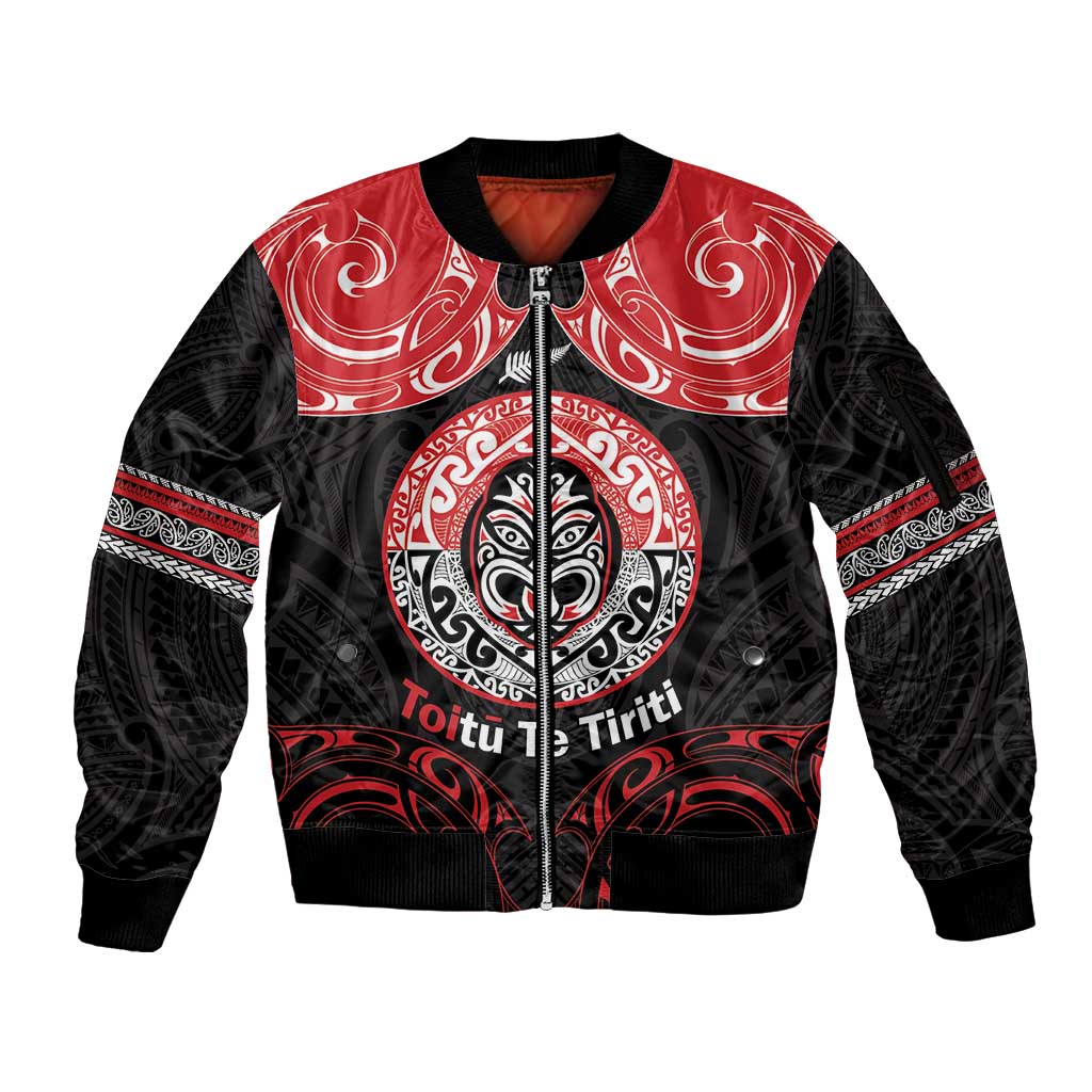 Aotearoa Toitu Te Tiriti Sleeve Zip Bomber Jacket Haka Tiki Honour The Treaty LT14 Unisex Black - Polynesian Pride