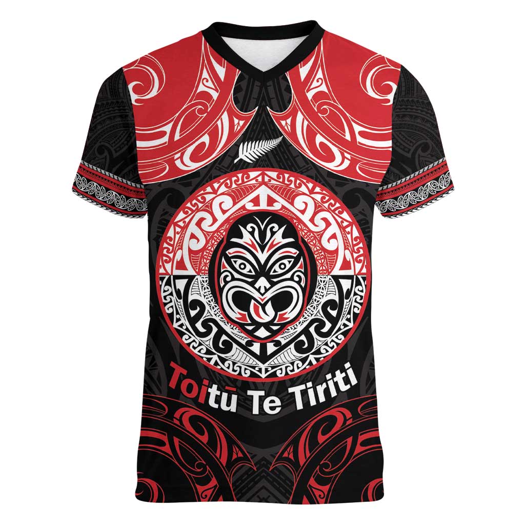 Aotearoa Toitu Te Tiriti Women V-Neck T-Shirt Haka Tiki Honour The Treaty