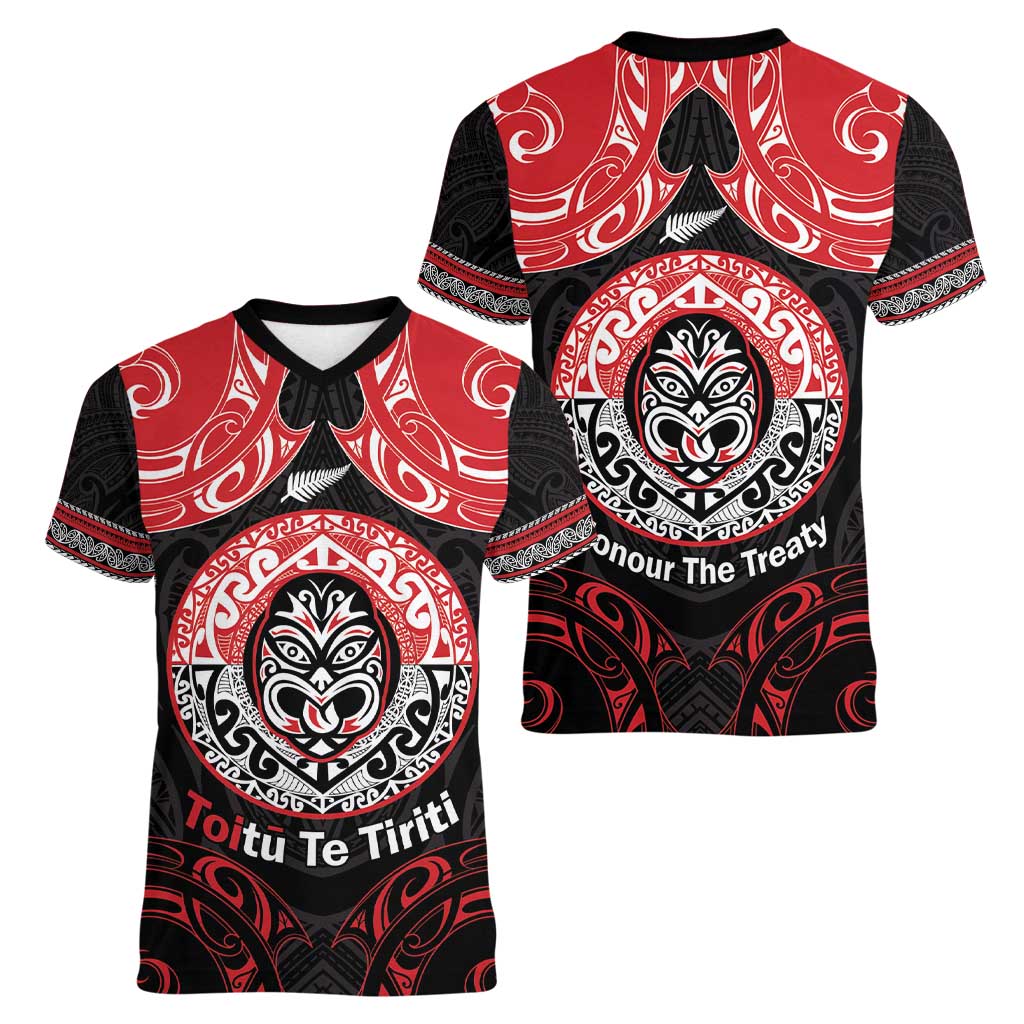Aotearoa Toitu Te Tiriti Women V-Neck T-Shirt Haka Tiki Honour The Treaty
