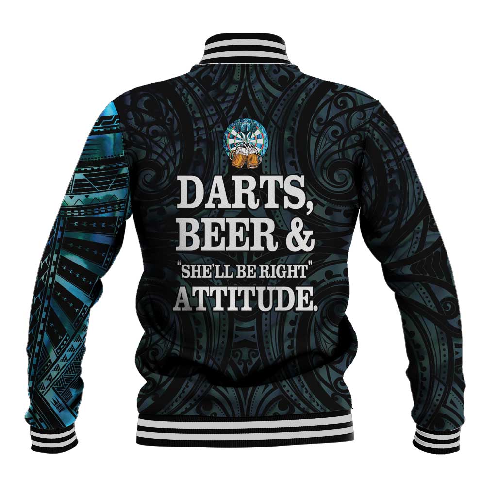 Personalized New Zealand Darts Beer Baseball Jacket Paua Shell Aotearoa Maori Tattoo - Polynesian Pride