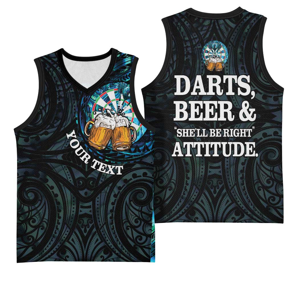 Personalized New Zealand Darts Beer Basketball Jersey Paua Shell Aotearoa Maori Tattoo - Polynesian Pride