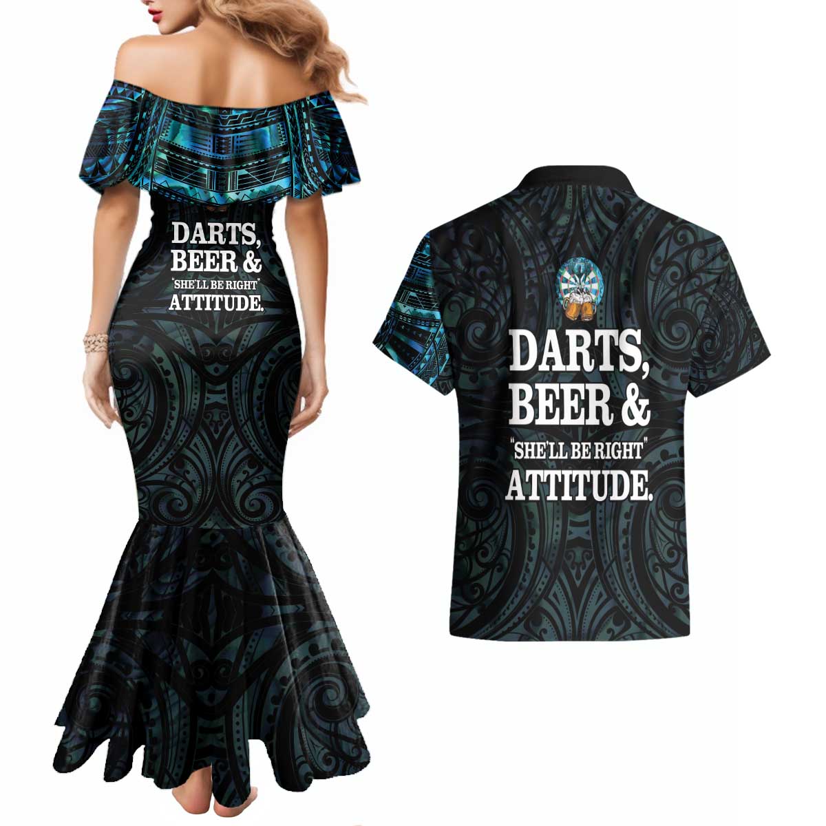 Personalized New Zealand Darts Beer Couples Matching Mermaid Dress and Hawaiian Shirt Paua Shell Aotearoa Maori Tattoo - Polynesian Pride