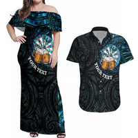 Personalized New Zealand Darts Beer Couples Matching Off Shoulder Maxi Dress and Hawaiian Shirt Paua Shell Aotearoa Maori Tattoo - Polynesian Pride