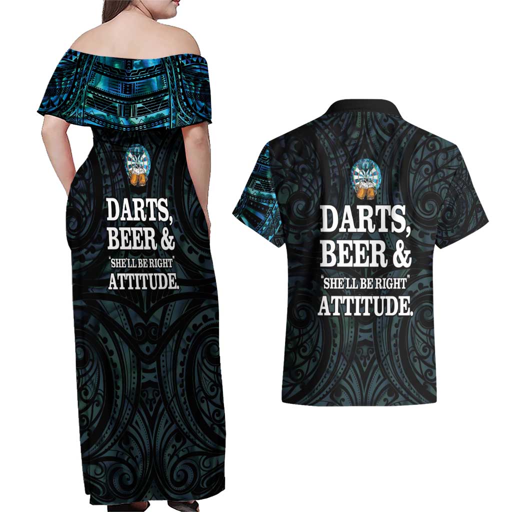 Personalized New Zealand Darts Beer Couples Matching Off Shoulder Maxi Dress and Hawaiian Shirt Paua Shell Aotearoa Maori Tattoo - Polynesian Pride