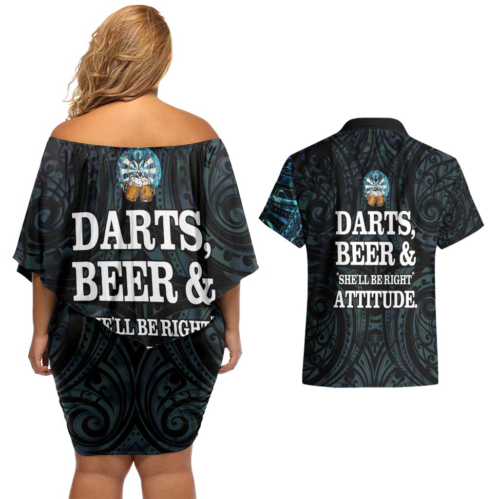 Personalized New Zealand Darts Beer Couples Matching Off Shoulder Short Dress and Hawaiian Shirt Paua Shell Aotearoa Maori Tattoo - Polynesian Pride