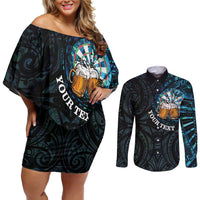 Personalized New Zealand Darts Beer Couples Matching Off Shoulder Short Dress and Long Sleeve Button Shirt Paua Shell Aotearoa Maori Tattoo - Polynesian Pride