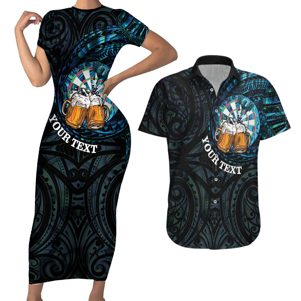 Personalized New Zealand Darts Beer Couples Matching Short Sleeve Bodycon Dress and Hawaiian Shirt Paua Shell Aotearoa Maori Tattoo - Polynesian Pride