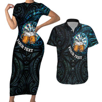 Personalized New Zealand Darts Beer Couples Matching Short Sleeve Bodycon Dress and Hawaiian Shirt Paua Shell Aotearoa Maori Tattoo - Polynesian Pride