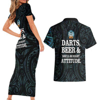 Personalized New Zealand Darts Beer Couples Matching Short Sleeve Bodycon Dress and Hawaiian Shirt Paua Shell Aotearoa Maori Tattoo - Polynesian Pride