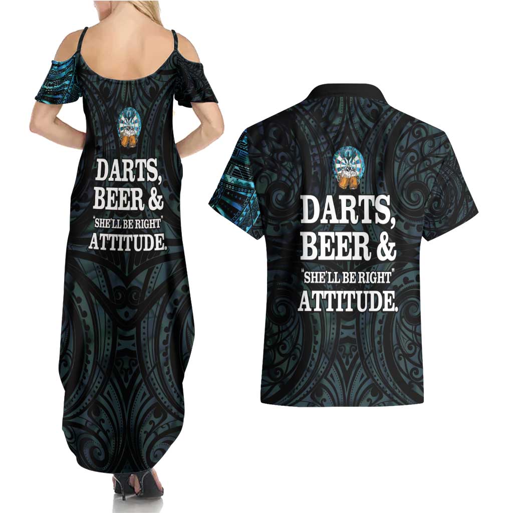 Personalized New Zealand Darts Beer Couples Matching Summer Maxi Dress and Hawaiian Shirt Paua Shell Aotearoa Maori Tattoo - Polynesian Pride