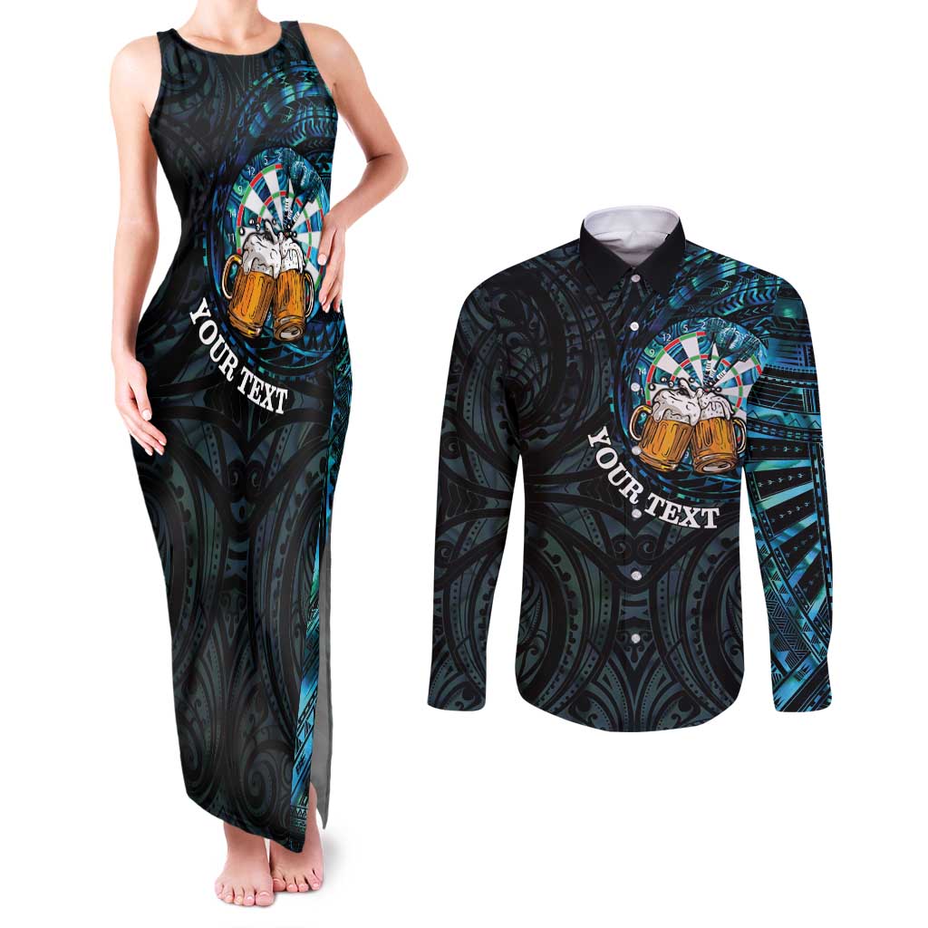 Personalized New Zealand Darts Beer Couples Matching Tank Maxi Dress and Long Sleeve Button Shirt Paua Shell Aotearoa Maori Tattoo - Polynesian Pride