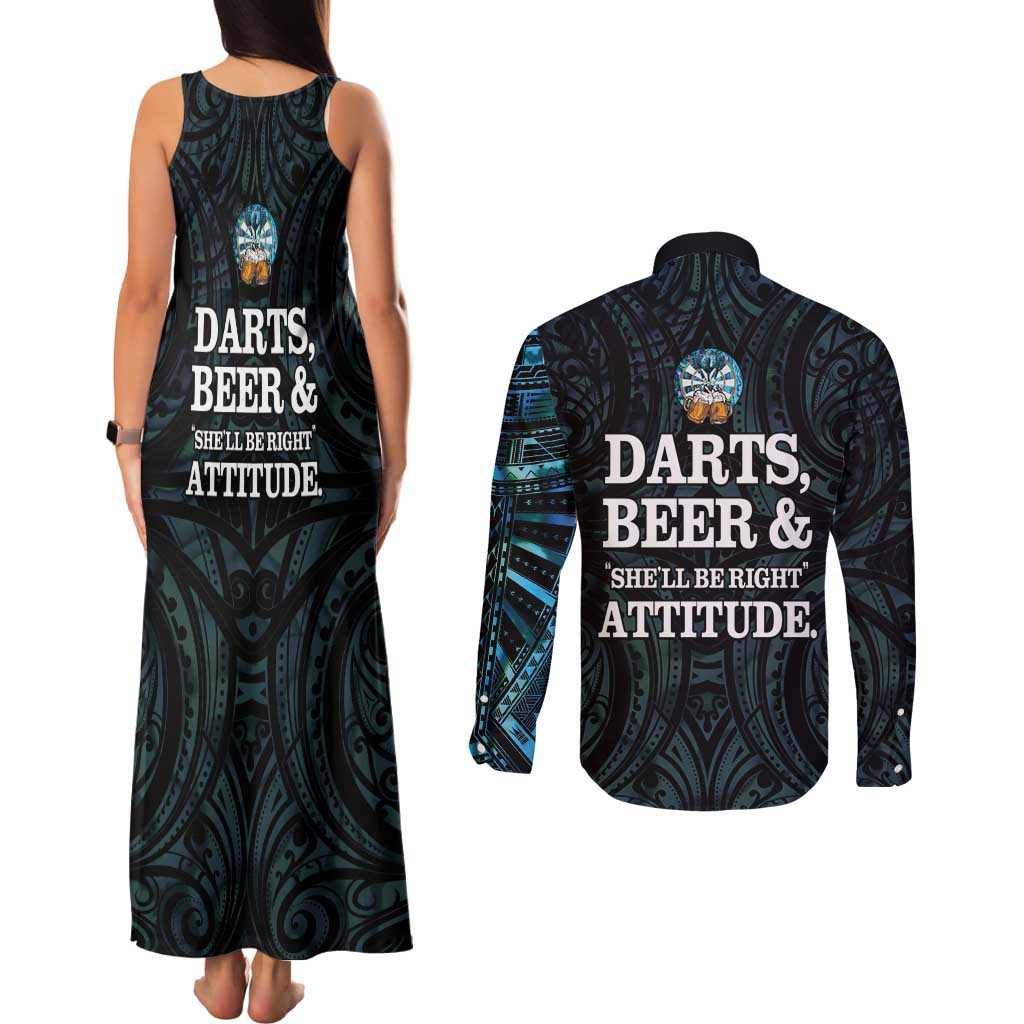Personalized New Zealand Darts Beer Couples Matching Tank Maxi Dress and Long Sleeve Button Shirt Paua Shell Aotearoa Maori Tattoo - Polynesian Pride
