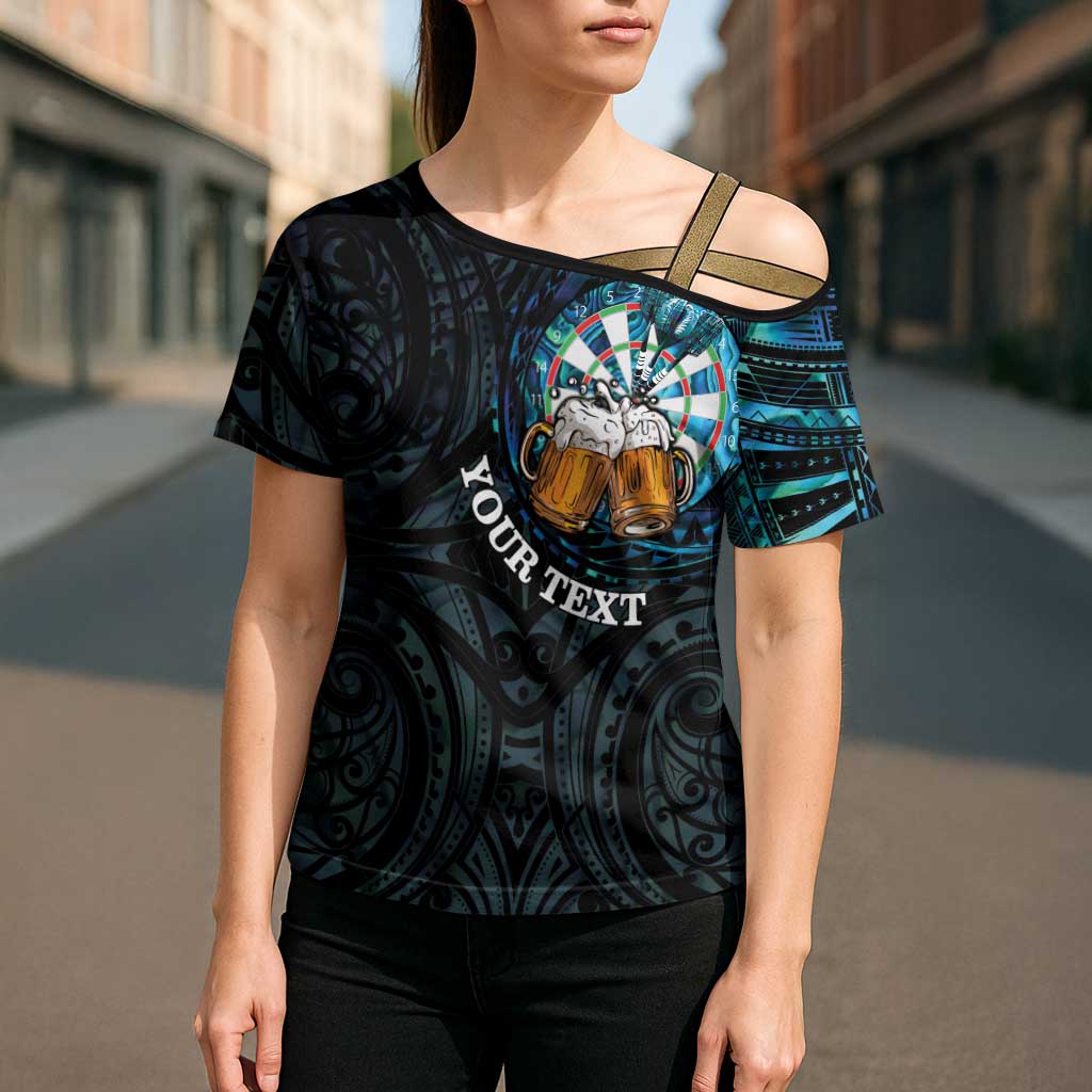 Personalized New Zealand Darts Beer Cross Shoulder Shirt Paua Shell Aotearoa Maori Tattoo - Polynesian Pride