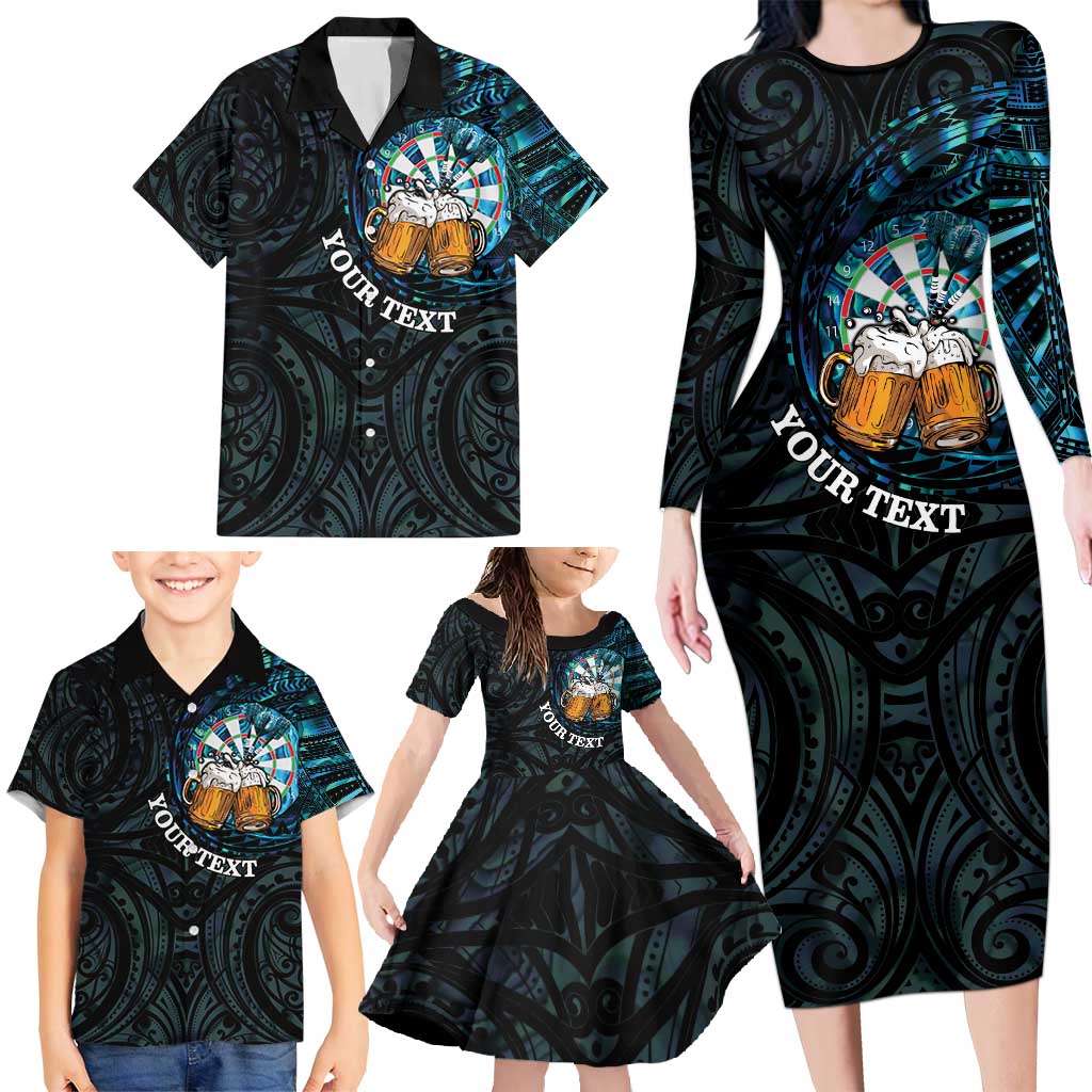 Personalized New Zealand Darts Beer Family Matching Long Sleeve Bodycon Dress and Hawaiian Shirt Paua Shell Aotearoa Maori Tattoo - Polynesian Pride