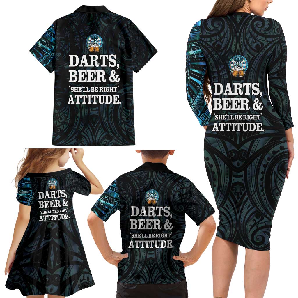 Personalized New Zealand Darts Beer Family Matching Long Sleeve Bodycon Dress and Hawaiian Shirt Paua Shell Aotearoa Maori Tattoo - Polynesian Pride