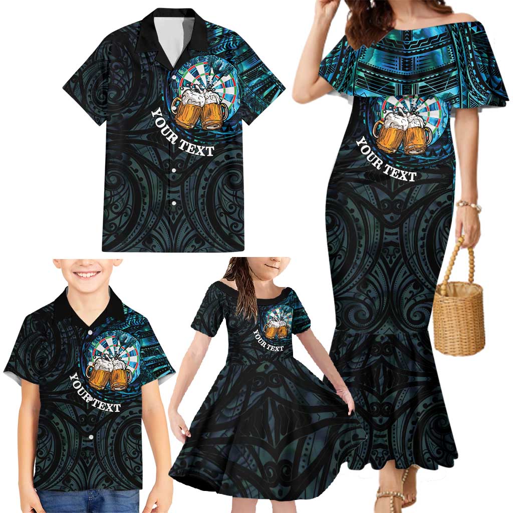 Personalized New Zealand Darts Beer Family Matching Mermaid Dress and Hawaiian Shirt Paua Shell Aotearoa Maori Tattoo - Polynesian Pride