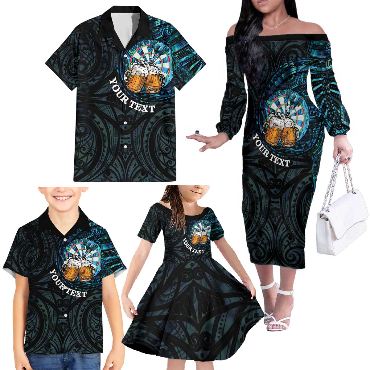 Personalized New Zealand Darts Beer Family Matching Off The Shoulder Long Sleeve Dress and Hawaiian Shirt Paua Shell Aotearoa Maori Tattoo - Polynesian Pride