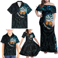 Personalized New Zealand Darts Beer Family Matching Off Shoulder Maxi Dress and Hawaiian Shirt Paua Shell Aotearoa Maori Tattoo - Polynesian Pride