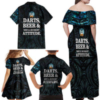 Personalized New Zealand Darts Beer Family Matching Off Shoulder Maxi Dress and Hawaiian Shirt Paua Shell Aotearoa Maori Tattoo - Polynesian Pride