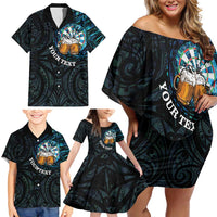Personalized New Zealand Darts Beer Family Matching Off Shoulder Short Dress and Hawaiian Shirt Paua Shell Aotearoa Maori Tattoo - Polynesian Pride