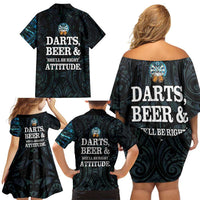 Personalized New Zealand Darts Beer Family Matching Off Shoulder Short Dress and Hawaiian Shirt Paua Shell Aotearoa Maori Tattoo - Polynesian Pride