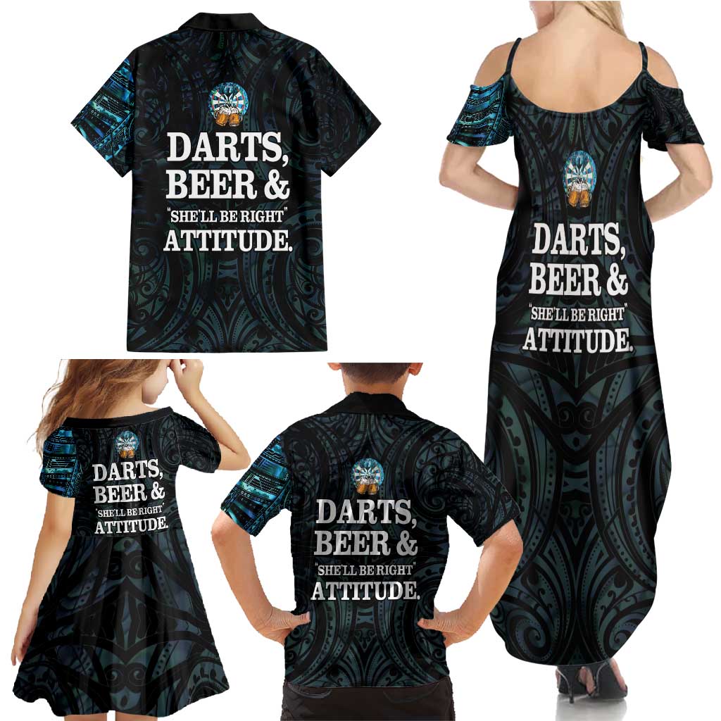 Personalized New Zealand Darts Beer Family Matching Summer Maxi Dress and Hawaiian Shirt Paua Shell Aotearoa Maori Tattoo - Polynesian Pride