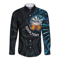 Personalized New Zealand Darts Beer Long Sleeve Button Shirt Paua Shell Aotearoa Maori Tattoo - Polynesian Pride