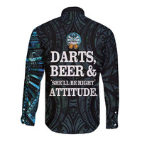 Personalized New Zealand Darts Beer Long Sleeve Button Shirt Paua Shell Aotearoa Maori Tattoo - Polynesian Pride