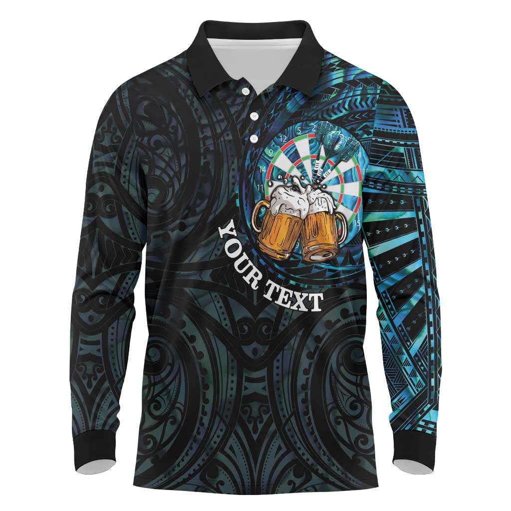 Personalized New Zealand Darts Beer Long Sleeve Polo Shirt Paua Shell Aotearoa Maori Tattoo - Polynesian Pride