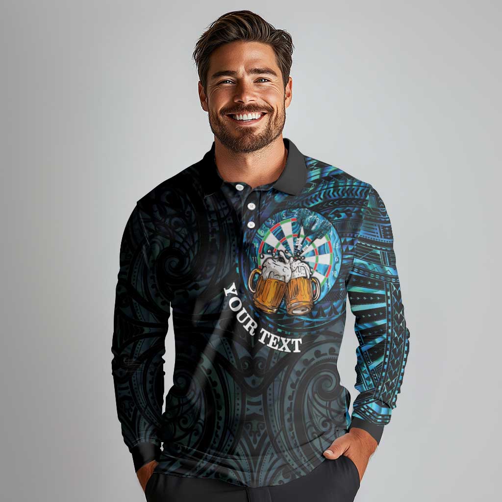 Personalized New Zealand Darts Beer Long Sleeve Polo Shirt Paua Shell Aotearoa Maori Tattoo - Polynesian Pride