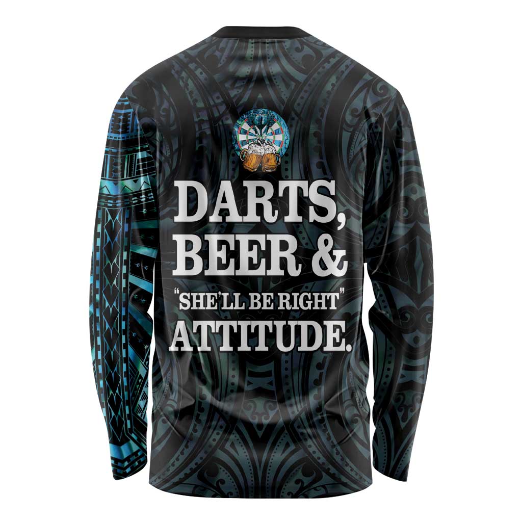 Personalized New Zealand Darts Beer Long Sleeve Shirt Paua Shell Aotearoa Maori Tattoo - Polynesian Pride