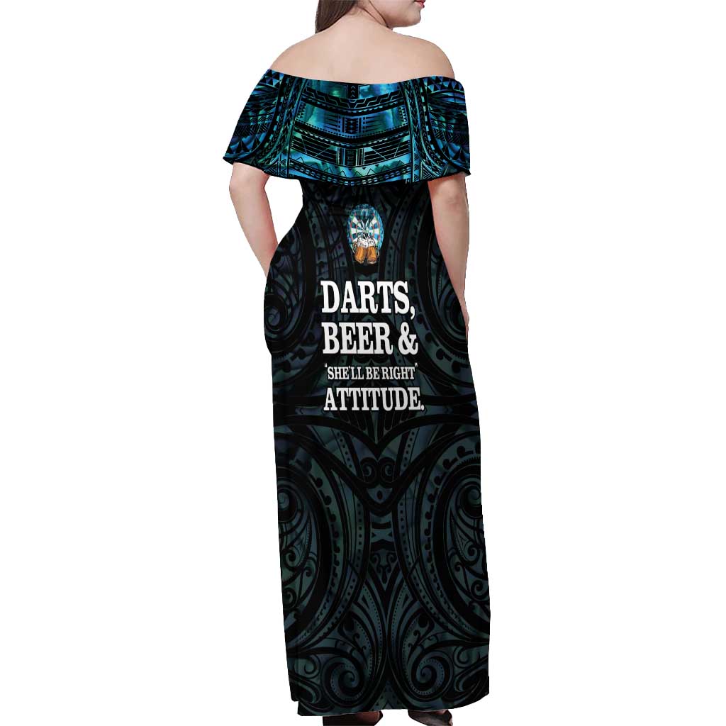 Personalized New Zealand Darts Beer Off Shoulder Maxi Dress Paua Shell Aotearoa Maori Tattoo - Polynesian Pride